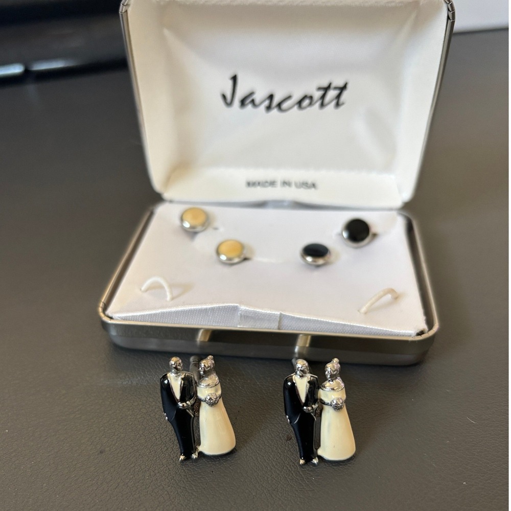 Jascott Vintage Bride N Groom Cufflinks and Studs Set Wedding Tuxedo Made in USA